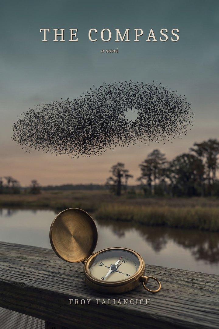 The Compass: a pocket compass on a porch rail, a flock of blackbirds over the bayou