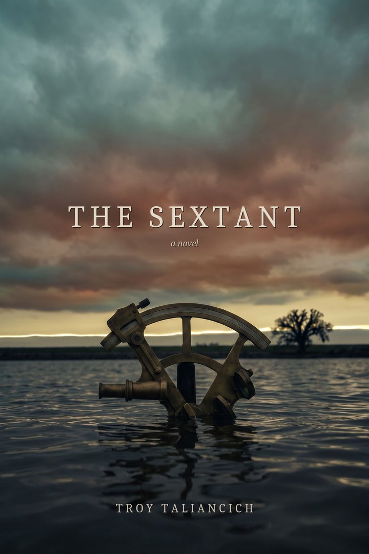 The Sextant: a brass sextant sinking in a river at dusk